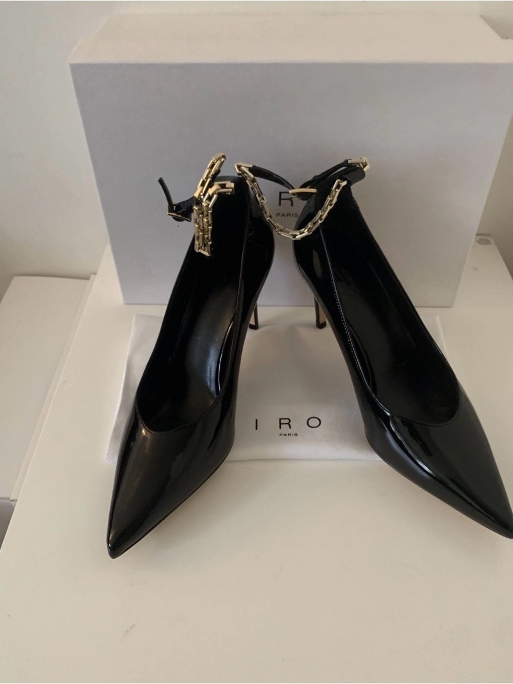 IRO Black Patent Pointed Pumps with Gold Chain Ankle Strap